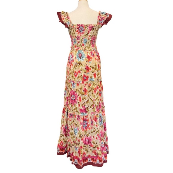House of Harlow 1960 Floral Smocked Tiered Maxi Dress Ruffle Sleeve Burgundy Med - Picture 3 of 9